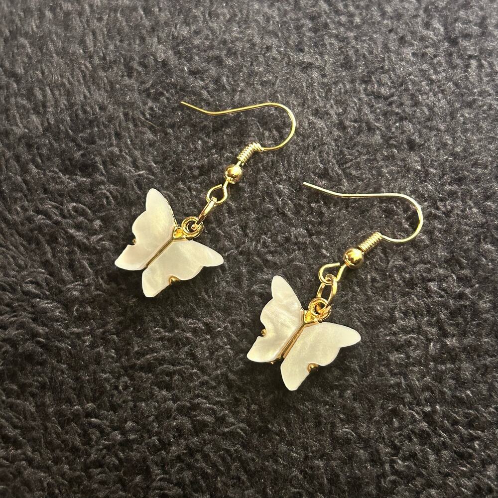 Handmade White Butterfly 18K Gold Plated Hook Earrings